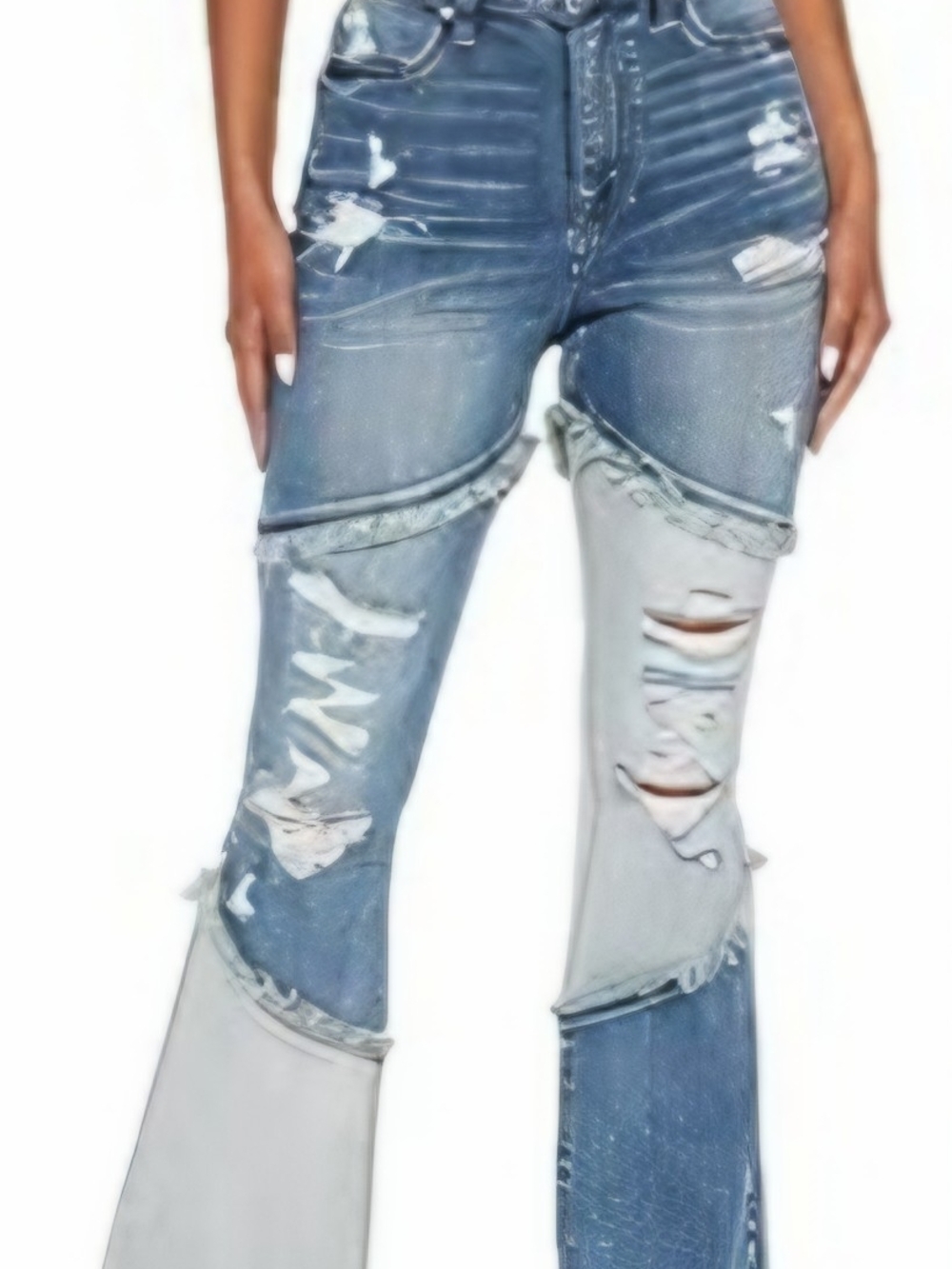 Women's Two-Tone Distressed Boot Cut Jeans in Blue